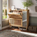Natural Rattan Shoe Storage Cabinet, Freestanding Hidden Shoe Rack Cabinet with 2 Flip Drawers, Mirror & Adjustable Shelves for Entryway