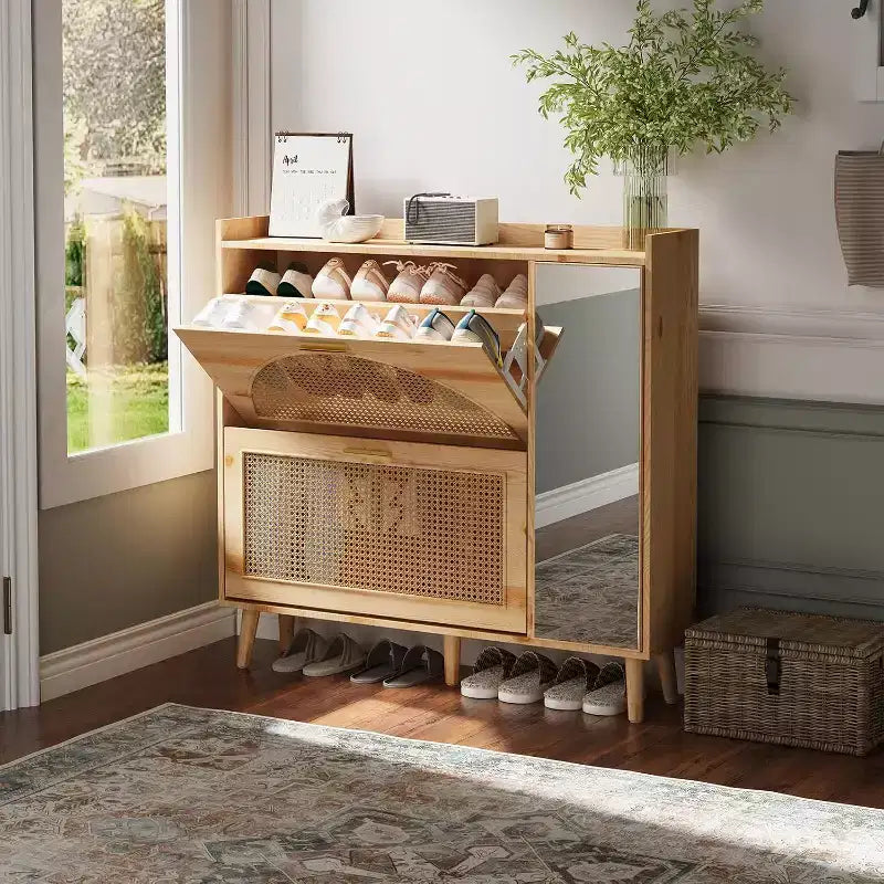 Natural Rattan Shoe Storage Cabinet, Freestanding Hidden Shoe Rack Cabinet with 2 Flip Drawers, Mirror & Adjustable Shelves for Entryway