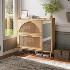 Meuble de rangement pour chaussures en rotin naturel, armoire à chaussures autoportante cachée avec 2 tiroirs basculants, miroir et étagères réglables pour entrée