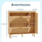 Meuble de rangement pour chaussures en rotin naturel, armoire à chaussures autoportante cachée avec 2 tiroirs basculants, miroir et étagères réglables pour entrée