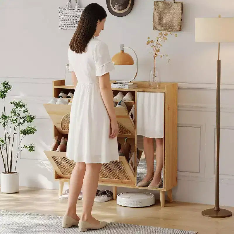 Meuble de rangement pour chaussures en rotin naturel, armoire à chaussures autoportante cachée avec 2 tiroirs basculants, miroir et étagères réglables pour entrée