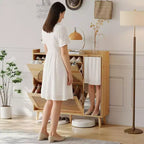 Meuble de rangement pour chaussures en rotin naturel, armoire à chaussures autoportante cachée avec 2 tiroirs basculants, miroir et étagères réglables pour entrée