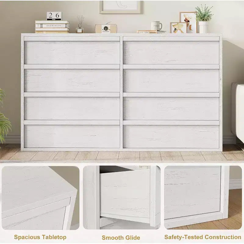 Commode à 6 tiroirs pour chambre à coucher, 137 cm de large, blanc antique, 7 tiroirs de rangement spacieux, organisateur de commode en bois pour salon