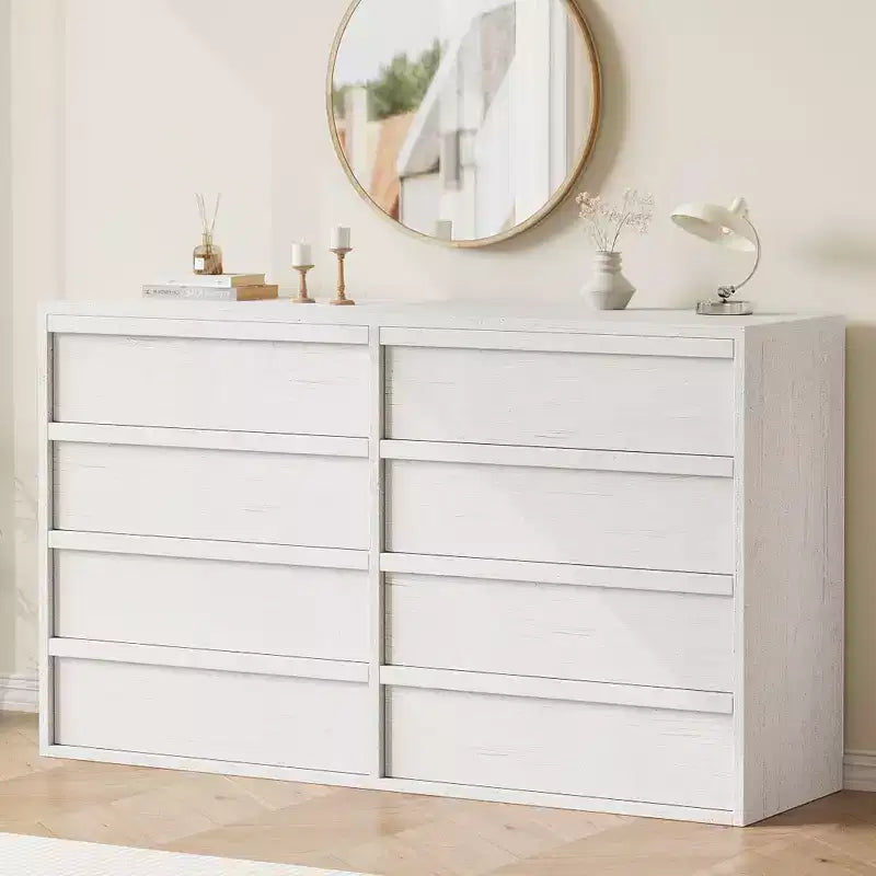 Commode à 6 tiroirs pour chambre à coucher, 137 cm de large, blanc antique, 7 tiroirs de rangement spacieux, organisateur de commode en bois pour salon