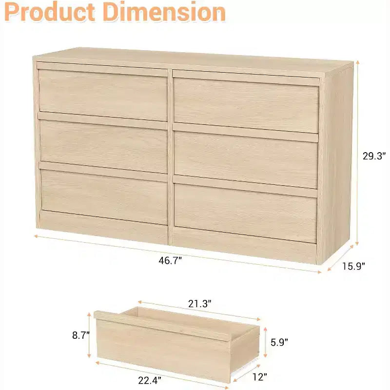 Commode à 6 tiroirs pour chambre à coucher, 137 cm de large, blanc antique, 7 tiroirs de rangement spacieux, organisateur de commode en bois pour salon