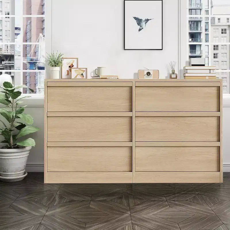 Commode à 6 tiroirs pour chambre à coucher, 137 cm de large, blanc antique, 7 tiroirs de rangement spacieux, organisateur de commode en bois pour salon