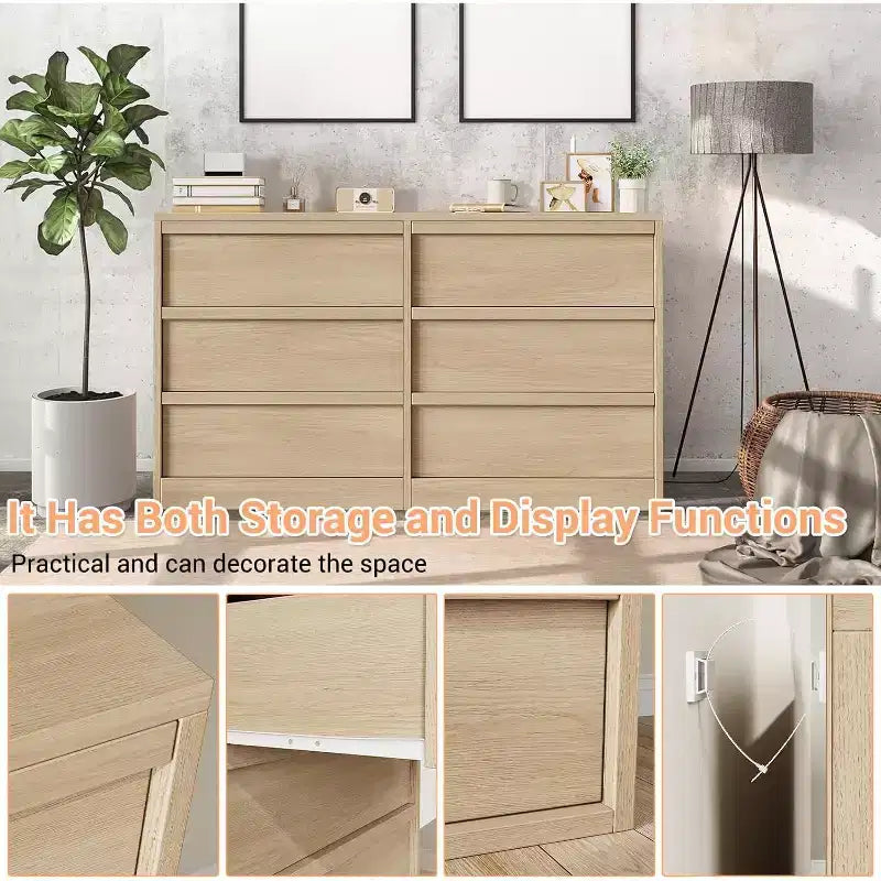 Commode à 6 tiroirs pour chambre à coucher, 137 cm de large, blanc antique, 7 tiroirs de rangement spacieux, organisateur de commode en bois pour salon