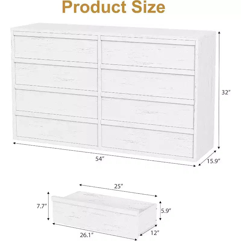 Commode à 6 tiroirs pour chambre à coucher, 137 cm de large, blanc antique, 7 tiroirs de rangement spacieux, organisateur de commode en bois pour salon