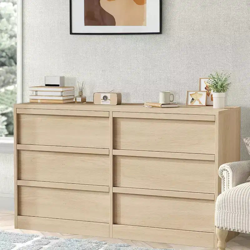 6 Drawer Dresser for Bedroom, 54in Wide Antique White 7 Chest of Drawers with Large Storage, Wooden Dresser Organizer for Living Room