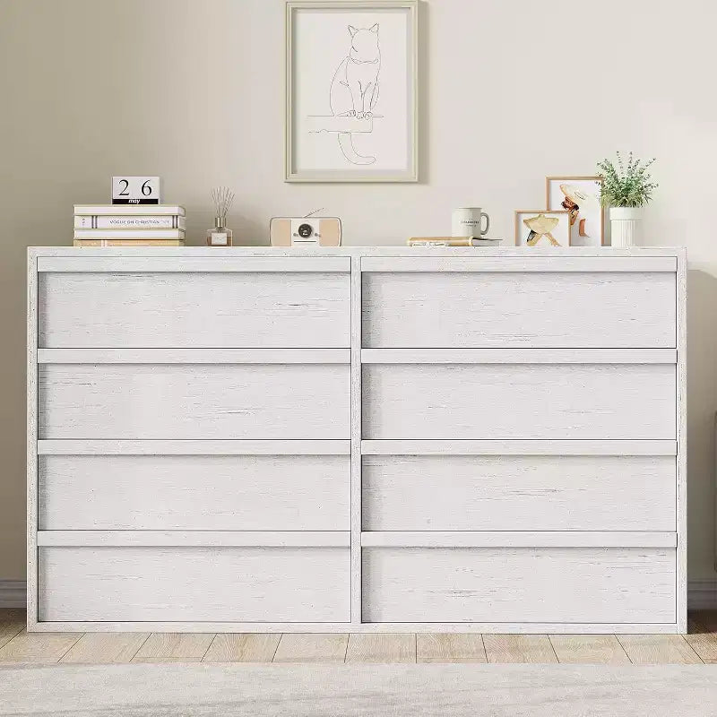 Commode à 6 tiroirs pour chambre à coucher, 137 cm de large, blanc antique, 7 tiroirs de rangement spacieux, organisateur de commode en bois pour salon