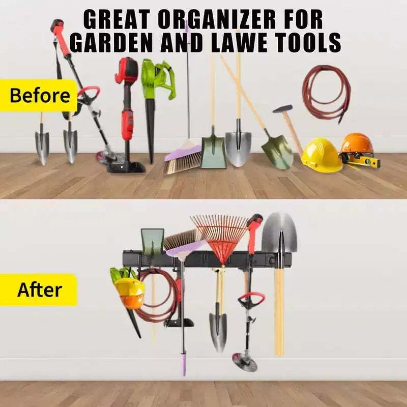 Organisateur d'outils, Organisateur de garage – Support mural en métal robuste de 162 cm pour pelles et balais avec 12 crochets réglables