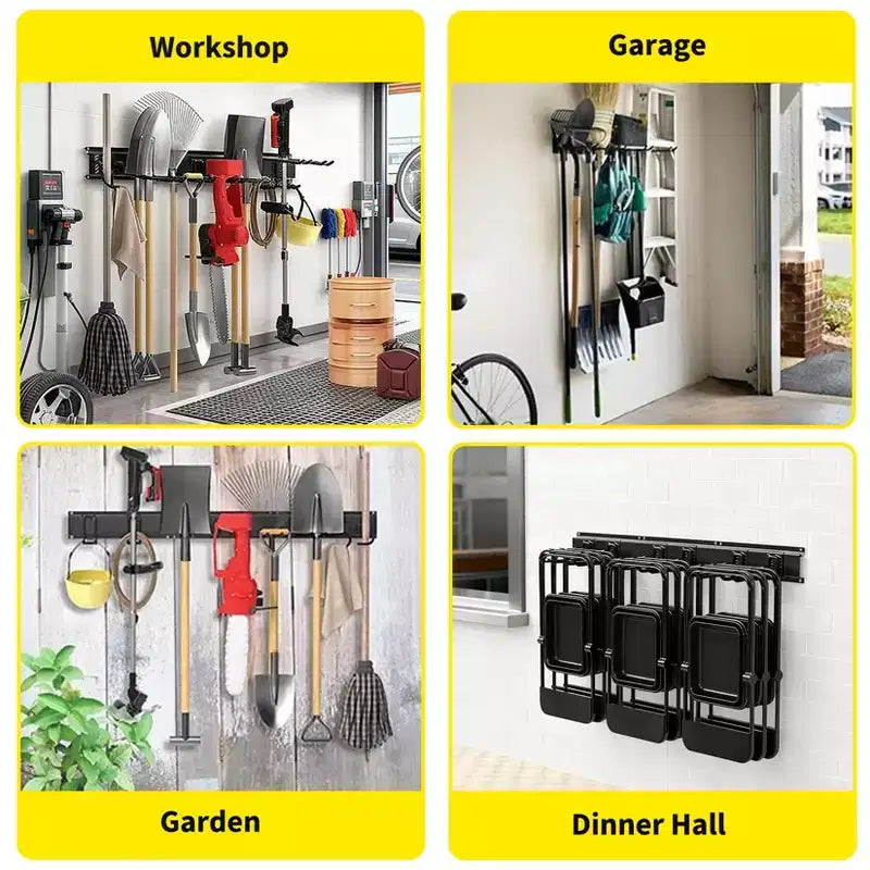 Organisateur d'outils, Organisateur de garage – Support mural en métal robuste de 162 cm pour pelles et balais avec 12 crochets réglables