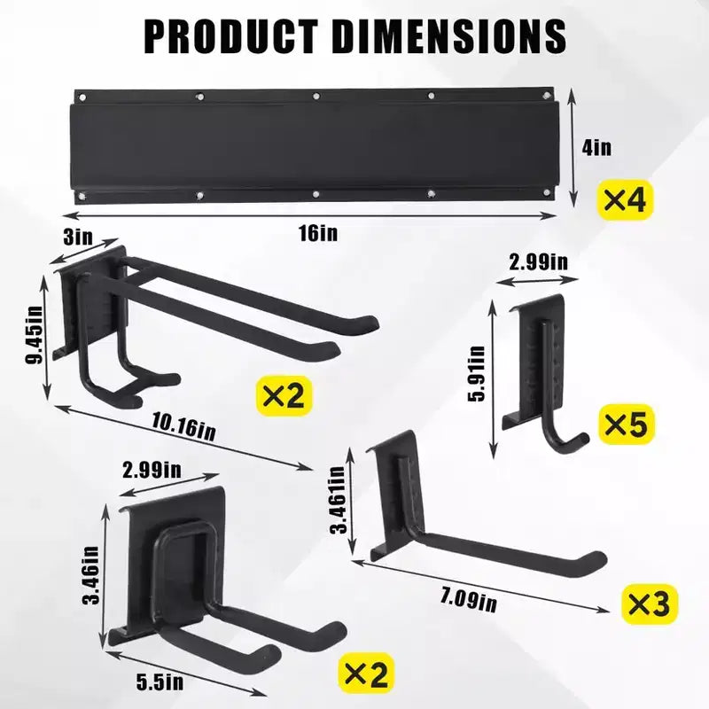 Organisateur d'outils, Organisateur de garage – Support mural en métal robuste de 162 cm pour pelles et balais avec 12 crochets réglables