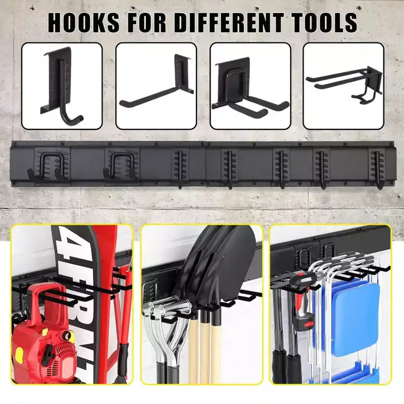 Organisateur d'outils, Organisateur de garage – Support mural en métal robuste de 162 cm pour pelles et balais avec 12 crochets réglables