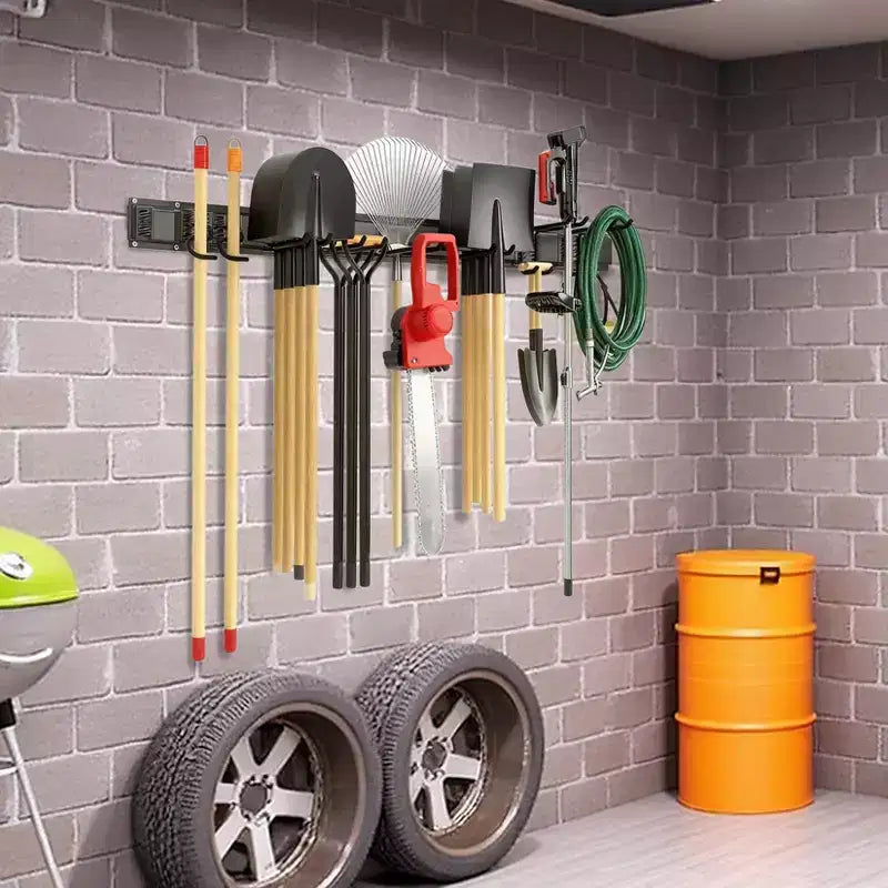 Organisateur d'outils, Organisateur de garage – Support mural en métal robuste de 162 cm pour pelles et balais avec 12 crochets réglables