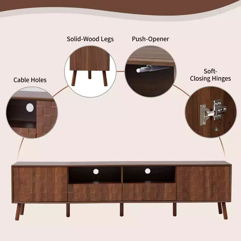 Meuble TV de rangement pour téléviseurs jusqu'à 85 pouces, Console TV Meuble TV Meuble de divertissement avec porte à ouverture par pression, Noyer