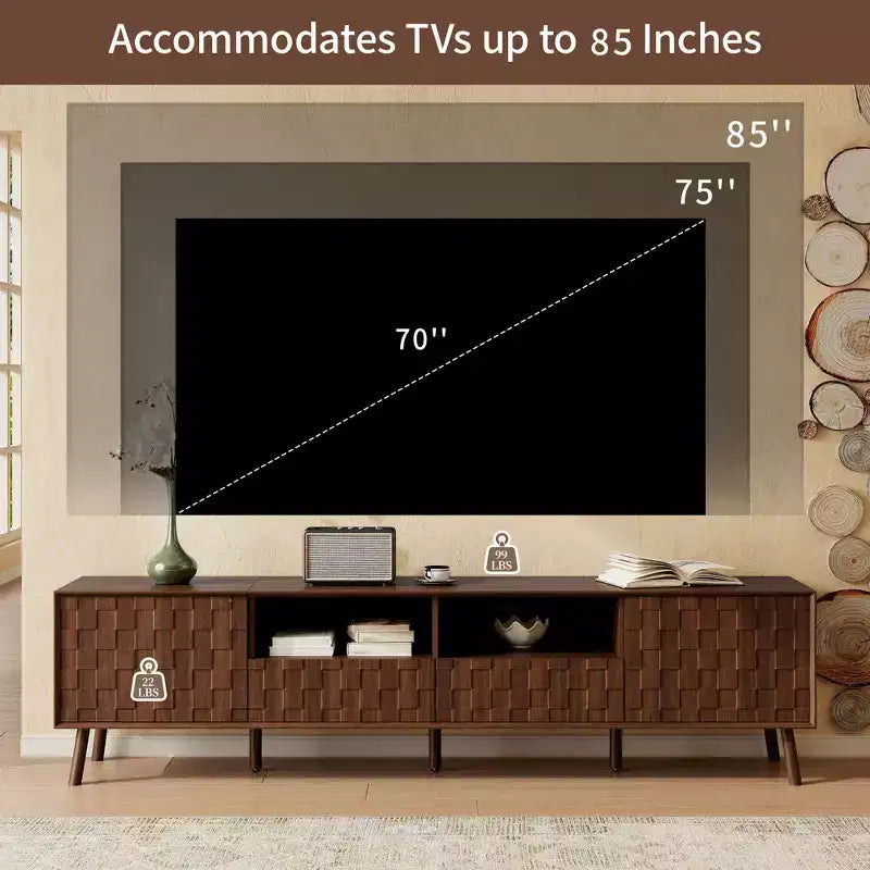 Meuble TV de rangement pour téléviseurs jusqu'à 85 pouces, Console TV Meuble TV Meuble de divertissement avec porte à ouverture par pression, Noyer