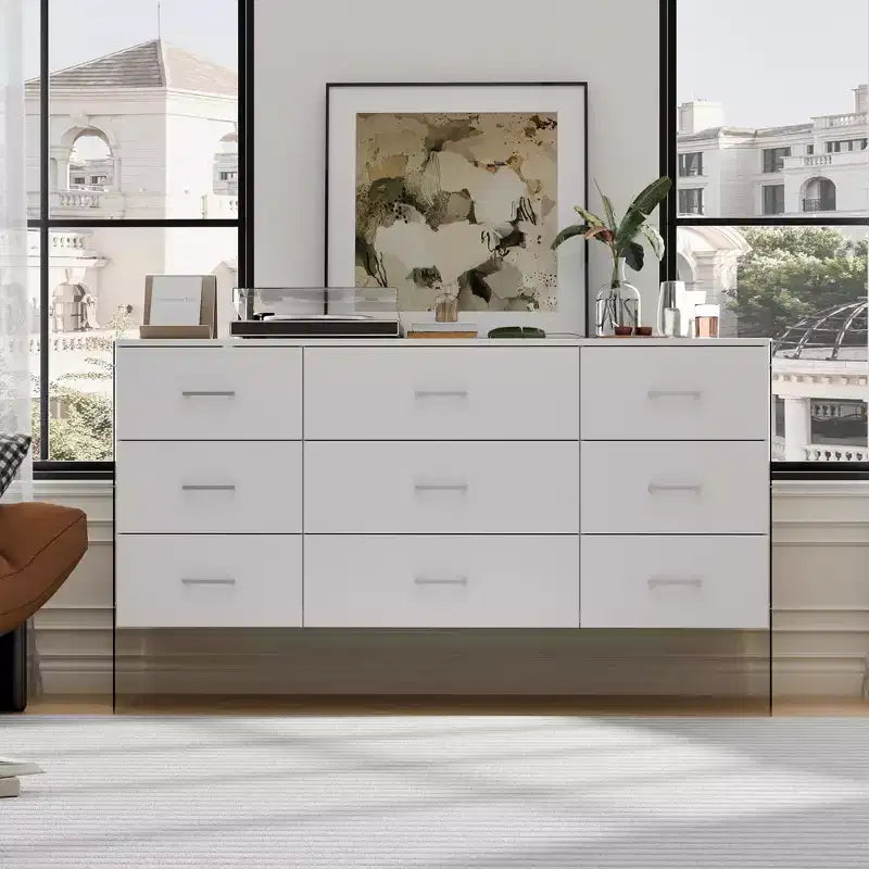Hitow White 9-Drawer Dresser with Tempered Glass High Legs  Floating Visual Effect + Anti-Tipping Design