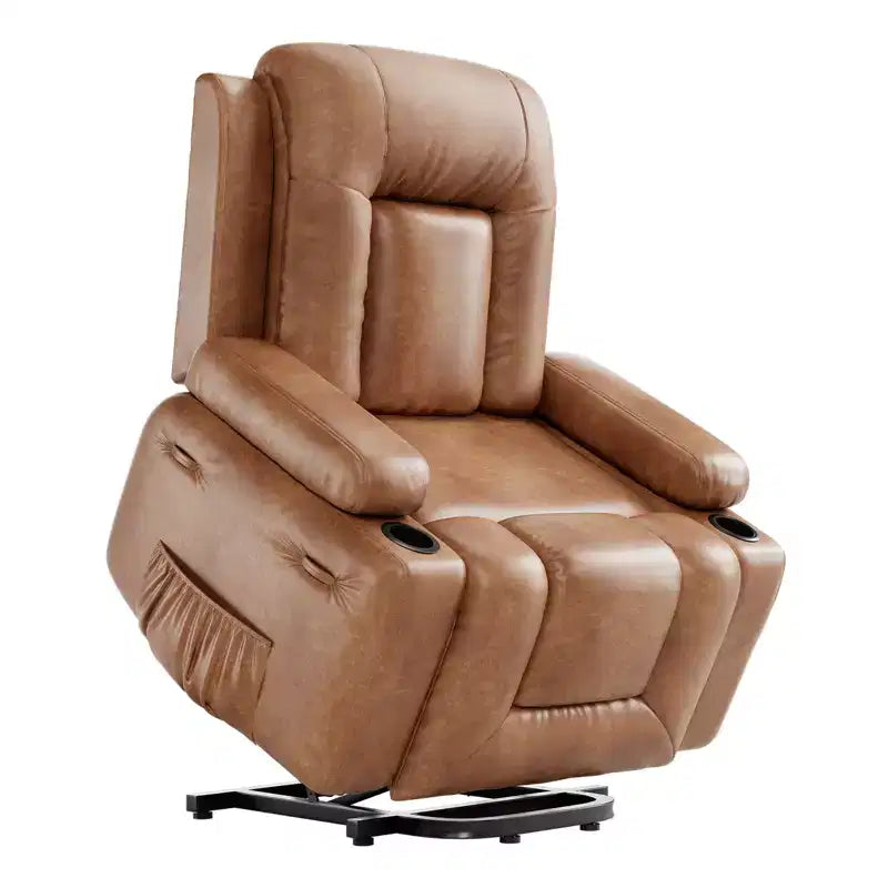 Oversized Power Lift Recliner Chair for Seniors  Extra Wide Seat, Heated Massage, Faux Leather Electric Sofa with Cup Holders & Side Pockets, Beige