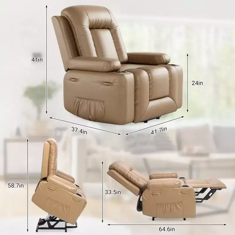 Fauteuil inclinable électrique grand format pour personnes âgées, siège extra large, massage chauffant, canapé électrique en similicuir avec porte-gobelets et poches latérales, beige