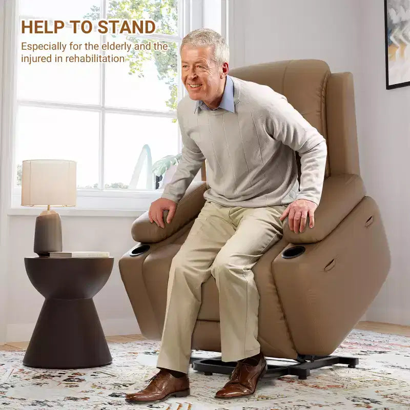 Fauteuil inclinable électrique grand format pour personnes âgées, siège extra large, massage chauffant, canapé électrique en similicuir avec porte-gobelets et poches latérales, beige