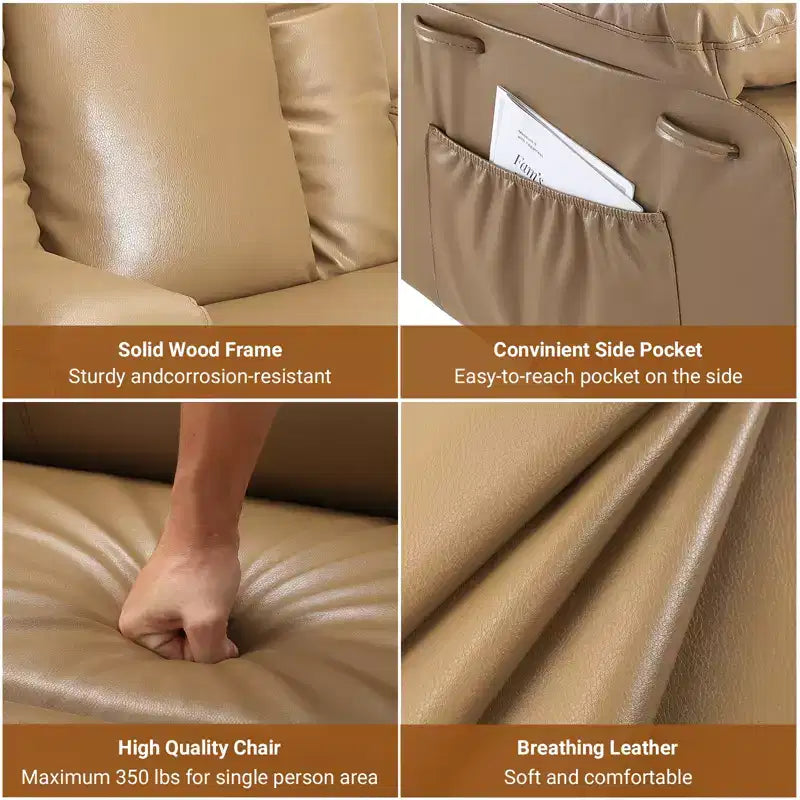 Fauteuil inclinable électrique grand format pour personnes âgées, siège extra large, massage chauffant, canapé électrique en similicuir avec porte-gobelets et poches latérales, beige