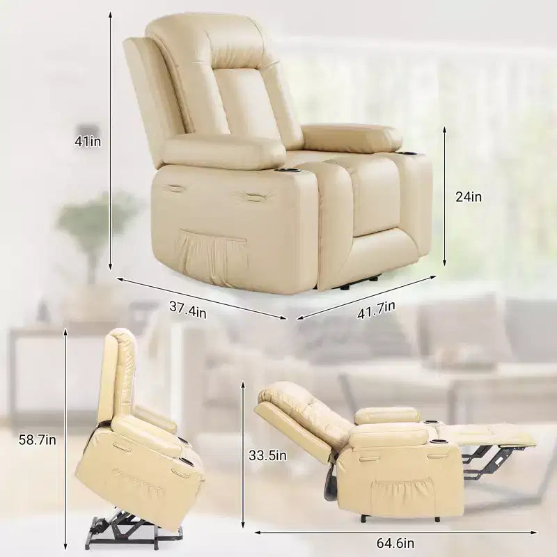 Fauteuil inclinable électrique grand format pour personnes âgées, siège extra large, massage chauffant, canapé électrique en similicuir avec porte-gobelets et poches latérales, beige