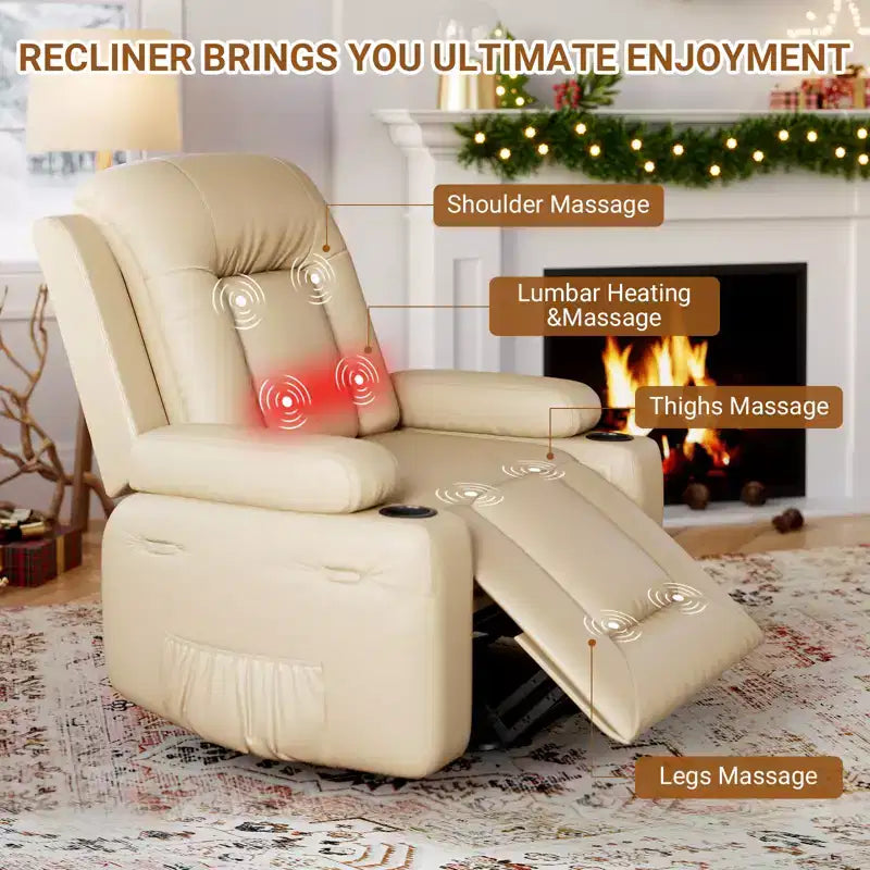 Fauteuil inclinable électrique grand format pour personnes âgées, siège extra large, massage chauffant, canapé électrique en similicuir avec porte-gobelets et poches latérales, beige