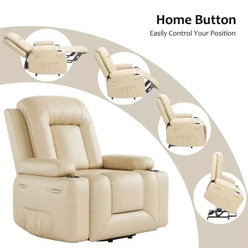 Fauteuil inclinable électrique grand format pour personnes âgées, siège extra large, massage chauffant, canapé électrique en similicuir avec porte-gobelets et poches latérales, beige