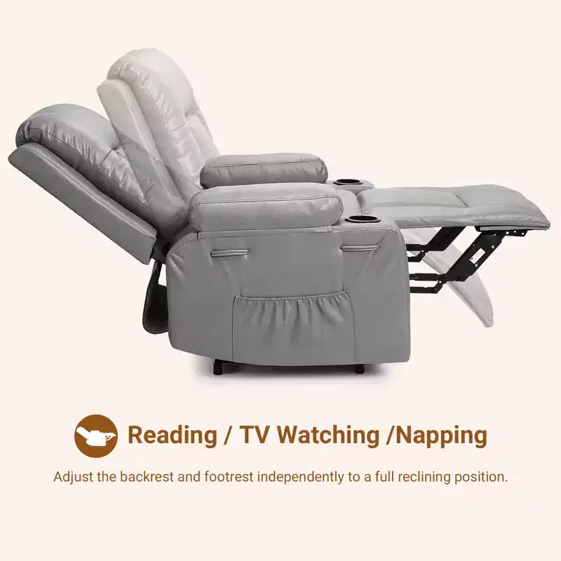 Fauteuil inclinable électrique grand format pour personnes âgées, siège extra large, massage chauffant, canapé électrique en similicuir avec porte-gobelets et poches latérales, beige