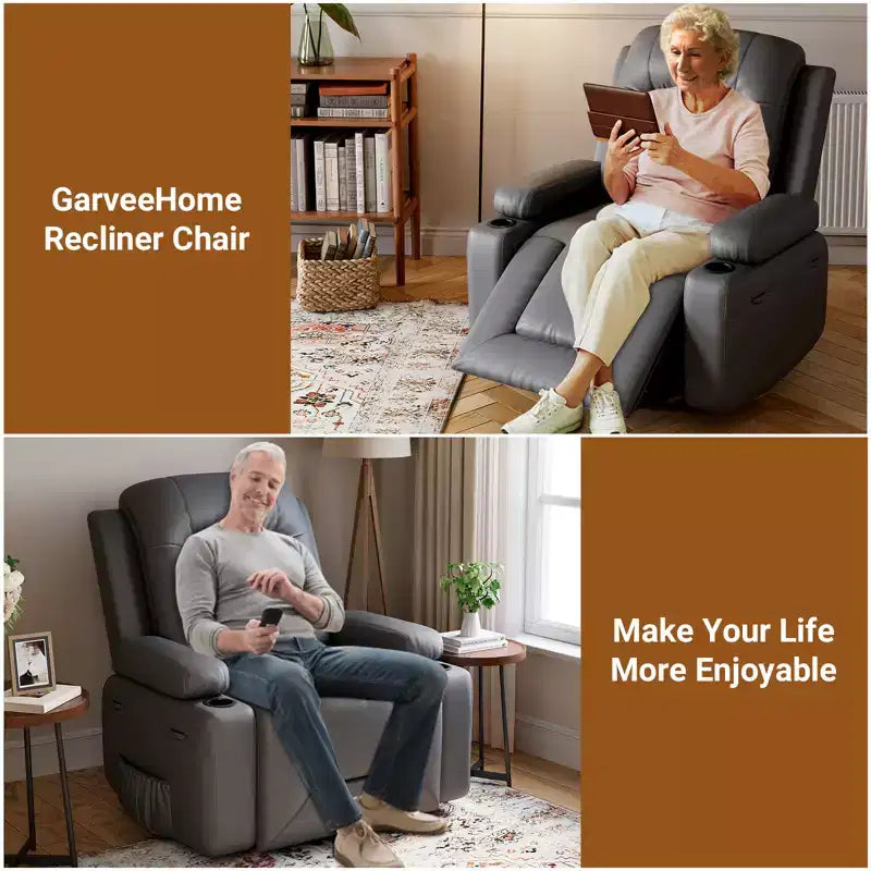 Fauteuil inclinable électrique grand format pour personnes âgées, siège extra large, massage chauffant, canapé électrique en similicuir avec porte-gobelets et poches latérales, beige