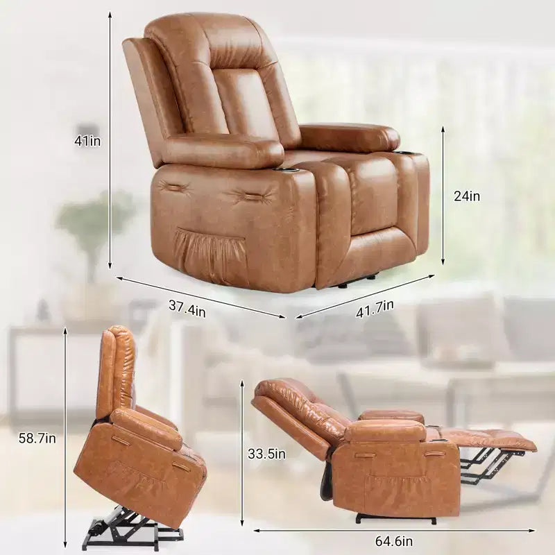 Fauteuil inclinable électrique grand format pour personnes âgées, siège extra large, massage chauffant, canapé électrique en similicuir avec porte-gobelets et poches latérales, beige