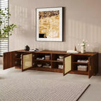 Meuble TV pour téléviseurs jusqu'à 85 pouces, console TV pour salon, console multimédia avec portes en rotin, meuble TV avec étagère réglable pour chambre à coucher