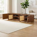 Meuble TV pour téléviseurs jusqu'à 85 pouces, console TV pour salon, console multimédia avec portes en rotin, meuble TV avec étagère réglable pour chambre à coucher