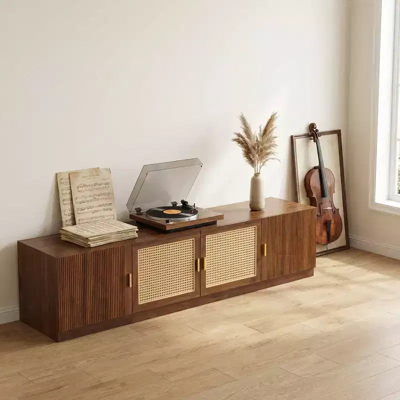 Meuble TV pour téléviseurs jusqu'à 85 pouces, console TV pour salon, console multimédia avec portes en rotin, meuble TV avec étagère réglable pour chambre à coucher