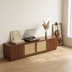 Meuble TV pour téléviseurs jusqu'à 85 pouces, console TV pour salon, console multimédia avec portes en rotin, meuble TV avec étagère réglable pour chambre à coucher