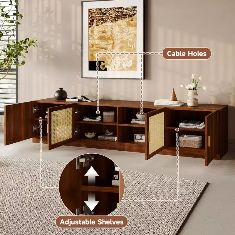 Meuble TV pour téléviseurs jusqu'à 85 pouces, console TV pour salon, console multimédia avec portes en rotin, meuble TV avec étagère réglable pour chambre à coucher