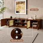 Meuble TV pour téléviseurs jusqu'à 85 pouces, console TV pour salon, console multimédia avec portes en rotin, meuble TV avec étagère réglable pour chambre à coucher