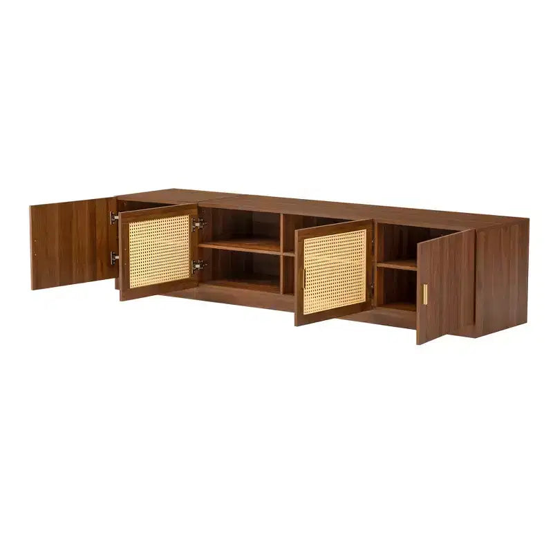 Meuble TV pour téléviseurs jusqu'à 85 pouces, console TV pour salon, console multimédia avec portes en rotin, meuble TV avec étagère réglable pour chambre à coucher