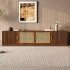 Meuble TV pour téléviseurs jusqu'à 85 pouces, console TV pour salon, console multimédia avec portes en rotin, meuble TV avec étagère réglable pour chambre à coucher