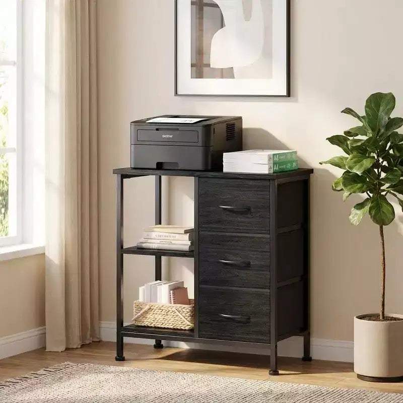 Meuble de classement à 3 tiroirs, support d'imprimante avec 2 étagères de rangement ouvertes, meuble de classement en tissu sous le bureau, organisateur de bureau pour le bureau à domicile