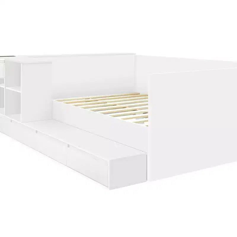 Lit plateforme double moderne en bois avec coiffeuse, 6 tiroirs et étagères