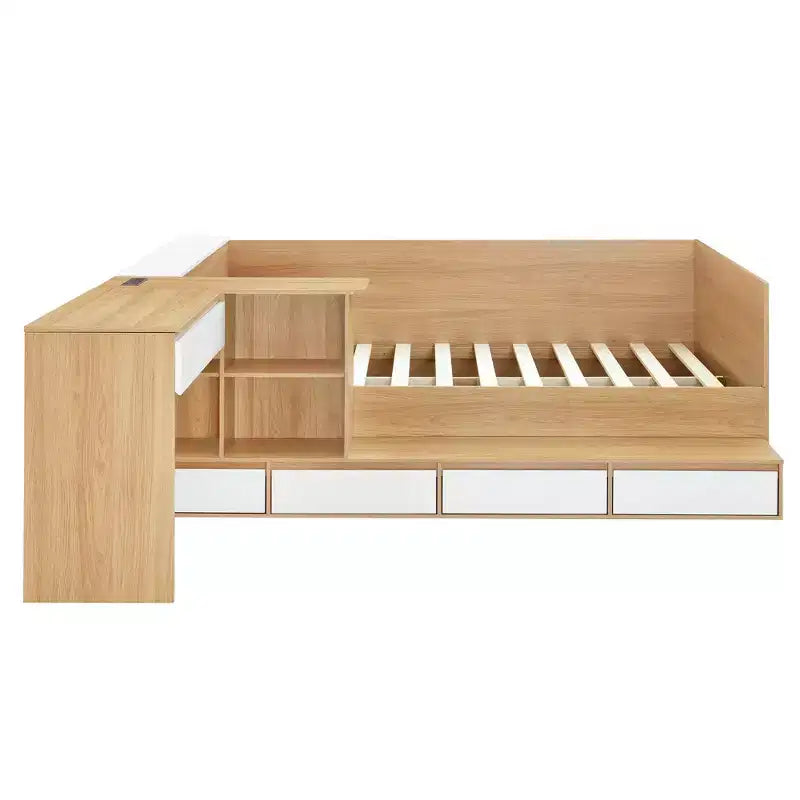 Lit plateforme double moderne en bois avec coiffeuse, 6 tiroirs et étagères