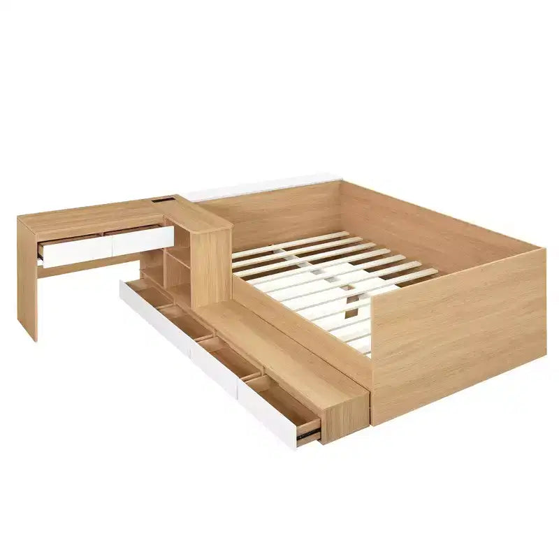Lit plateforme double moderne en bois avec coiffeuse, 6 tiroirs et étagères