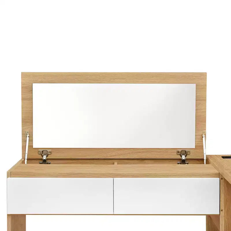 Lit plateforme double moderne en bois avec coiffeuse, 6 tiroirs et étagères