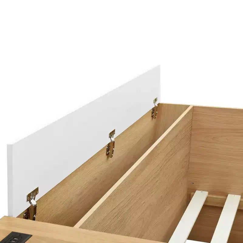 Lit plateforme double moderne en bois avec coiffeuse, 6 tiroirs et étagères