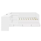 Lit plateforme double moderne en bois avec coiffeuse, 6 tiroirs et étagères