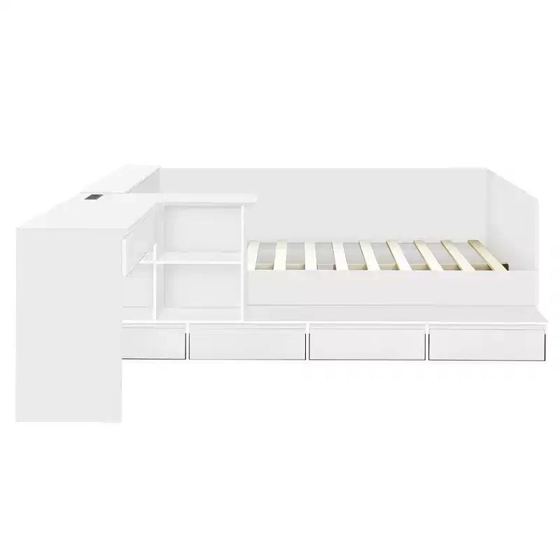 Lit plateforme double moderne en bois avec coiffeuse, 6 tiroirs et étagères