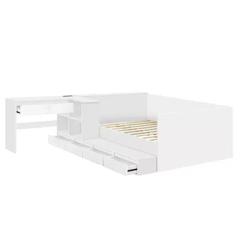 Lit plateforme double moderne en bois avec coiffeuse, 6 tiroirs et étagères