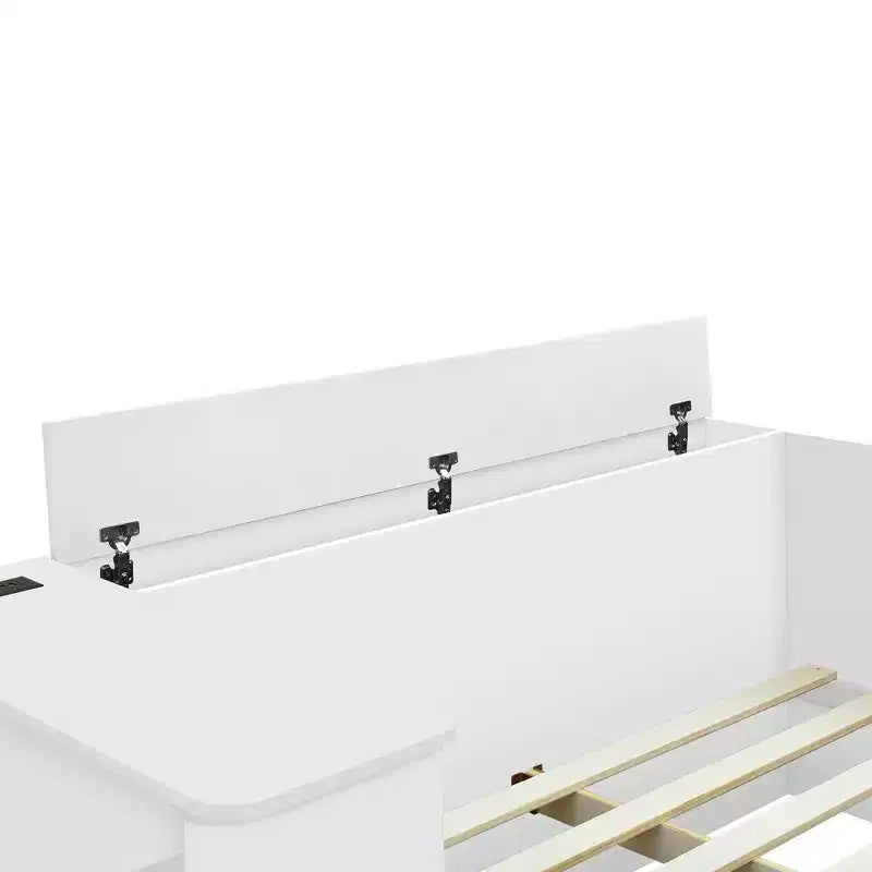 Lit plateforme double moderne en bois avec coiffeuse, 6 tiroirs et étagères